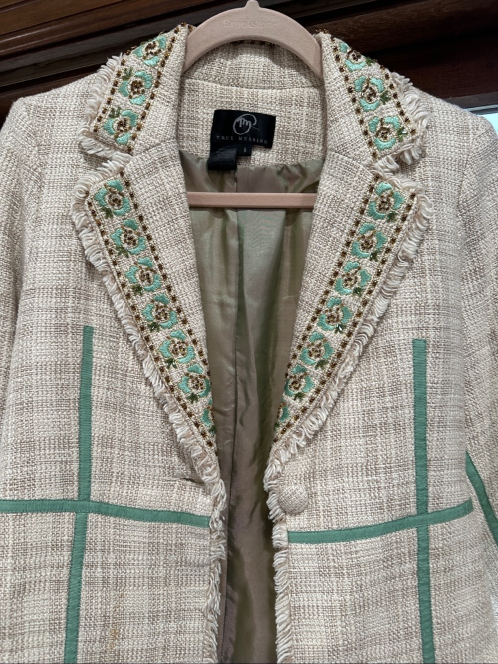 True Meaning Cream Tweed Blazer with Mint Embroidered Trim